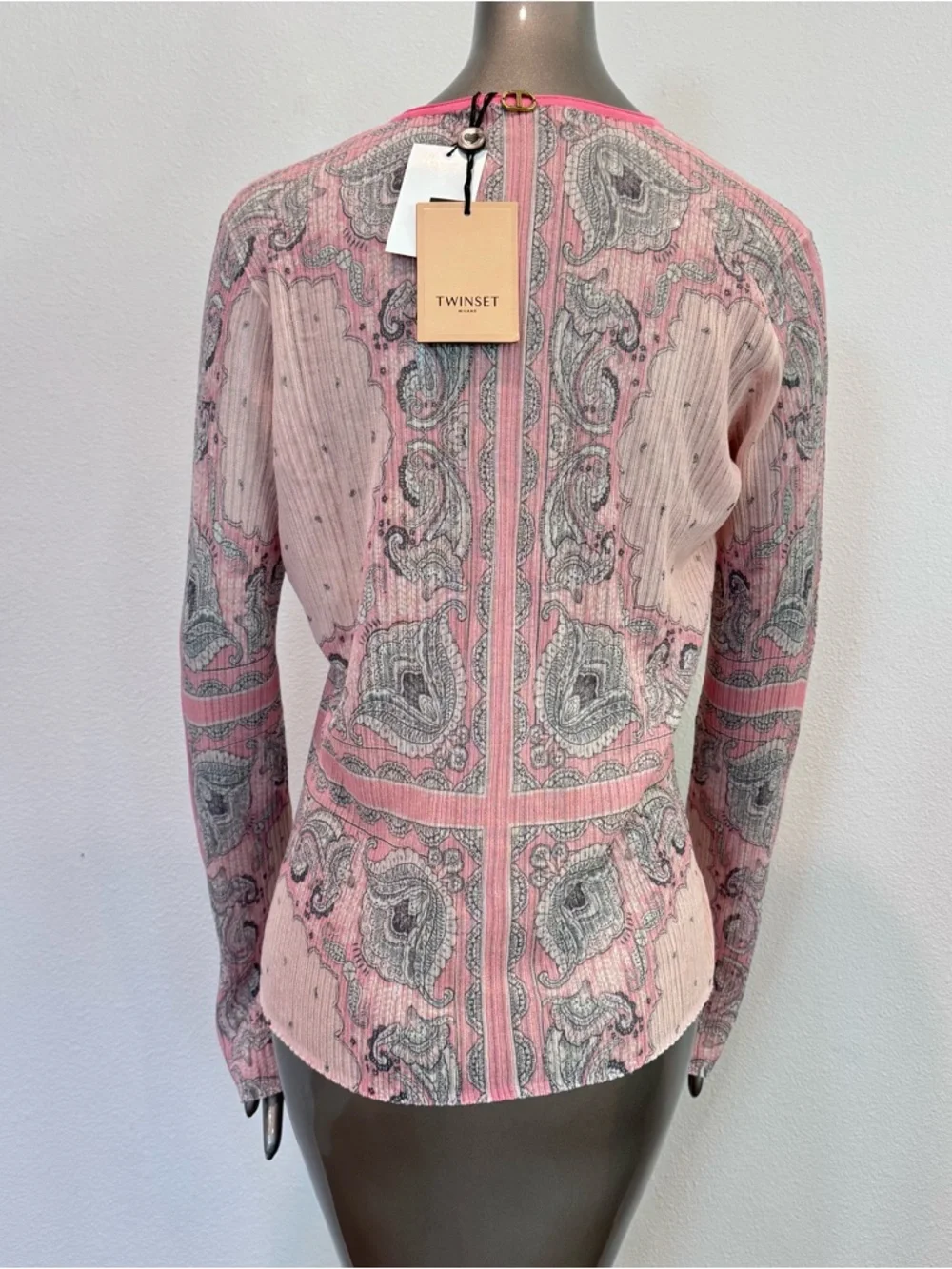 Twinset Milano XL Pink Paisley Ribbed Knit Stretch Top NWT Italy - Picture 5 of 16